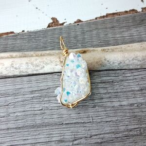 Gold Wrapped Iridescent Aura Quartz Crystal Cluster Pendant